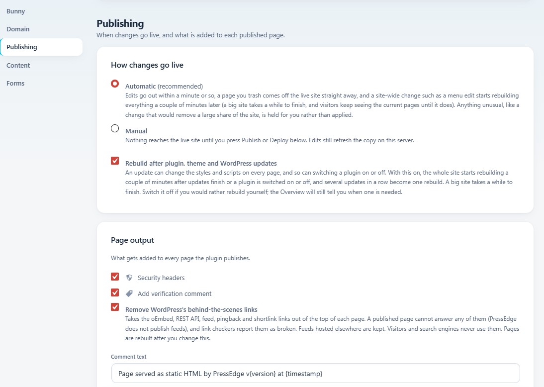 PressEdge publishing settings showing Automatic mode and rebuild after updates